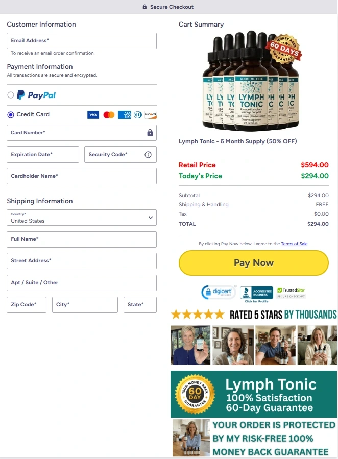 Lymph Tonic secure checkout and order page